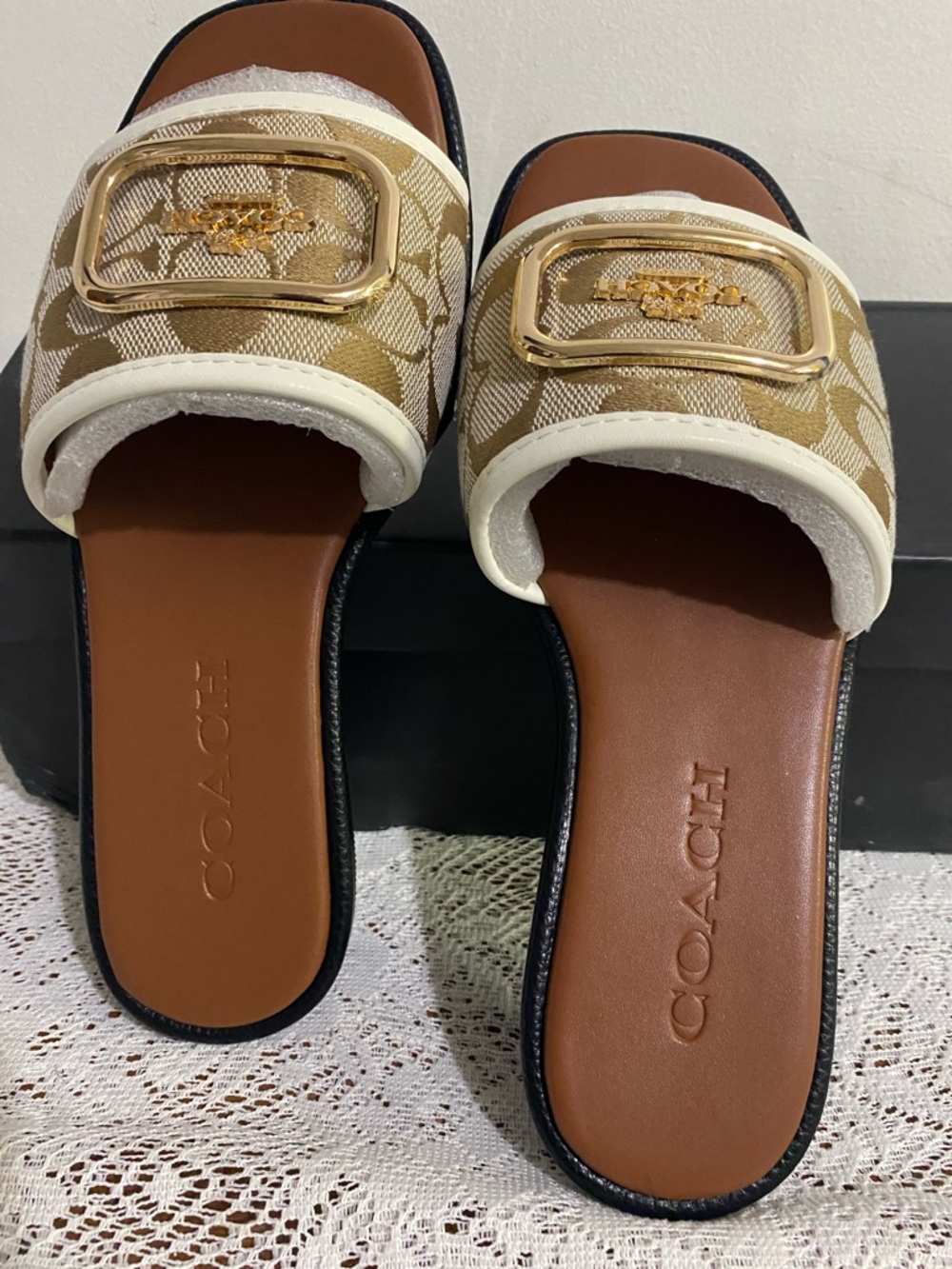 Coach Signature Slide Sandals in Beige and White with Gold Accent - Picture 4 of 9
